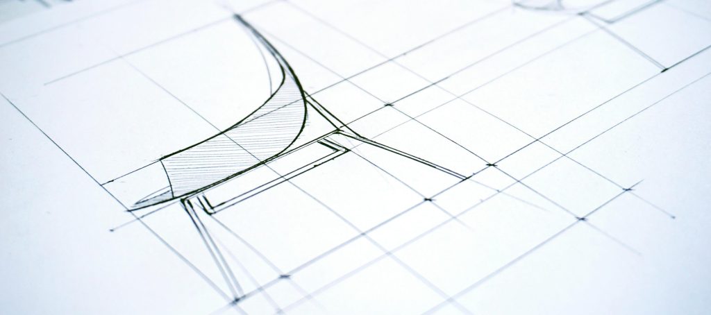 Detailed sketch of a modern chair design showcasing precise lines and geometric shapes.